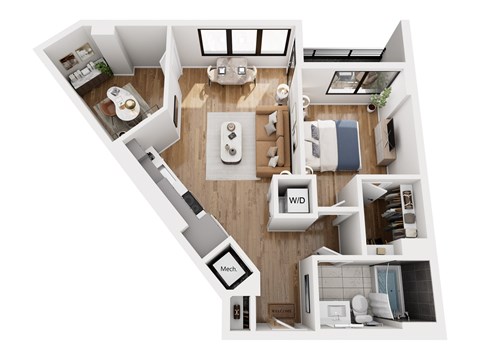 Floor plan for 1 bed, 1 bath, 741 sqft